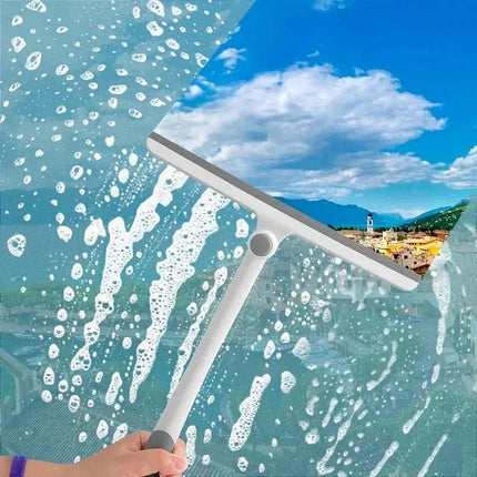 Long-handle shower squeegee with rubber blade for cleaning glass surfaces and high-reach areas