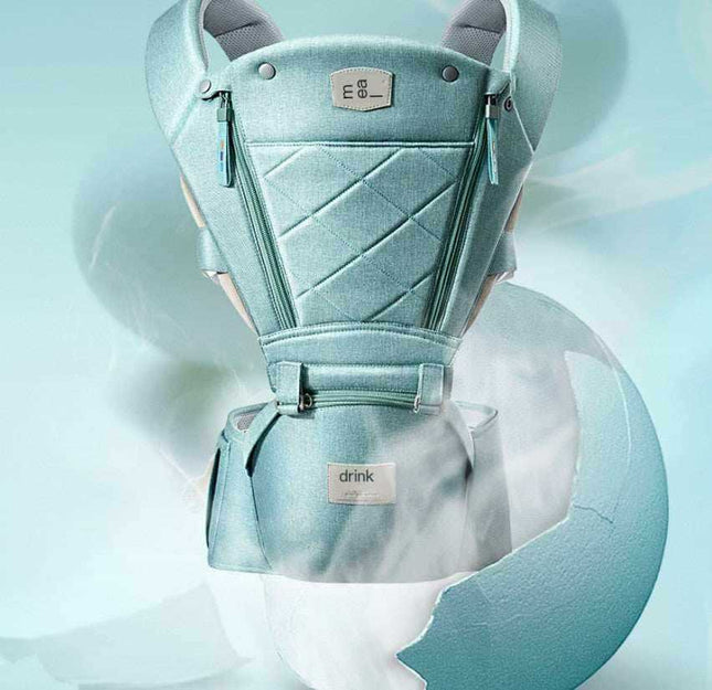 Baby carrying mother using Baby Carrier with Bass Bear Hip Seat for front carry