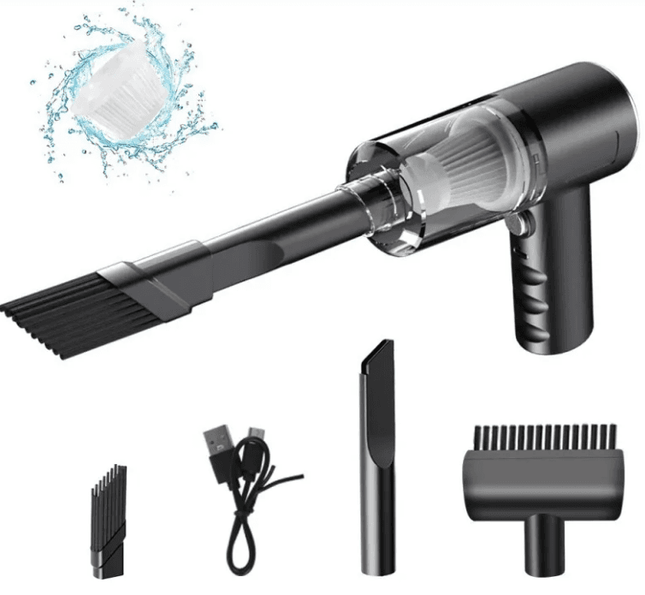 Rechargeable handheld vacuum cleaner with USB charging, strong suction, compact design, and multiple attachments for versatile cleaning