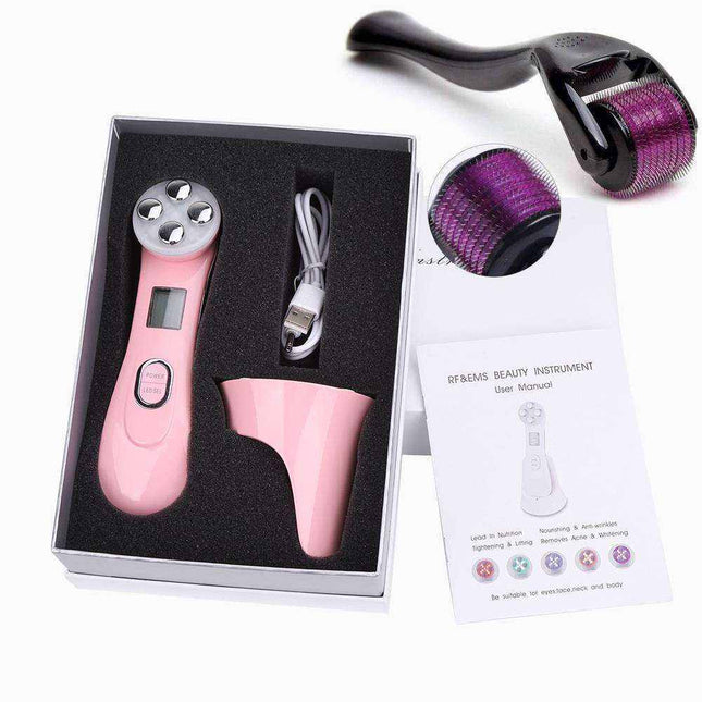 HailiCareEMS Microcurrent Facial Beauty Ion Device in pink, black, and white colors for skin rejuvenation and firming