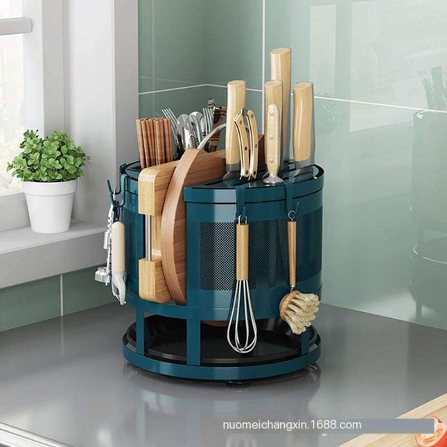 Rotating kitchen storage rack made of carbon steel with 360-degree rotation for utensils and knives in stone black and dark green colors