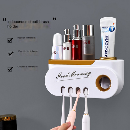 Creative toothbrush holder with integrated toothpaste squeezer in ABS material, compact and stylish bathroom organizer