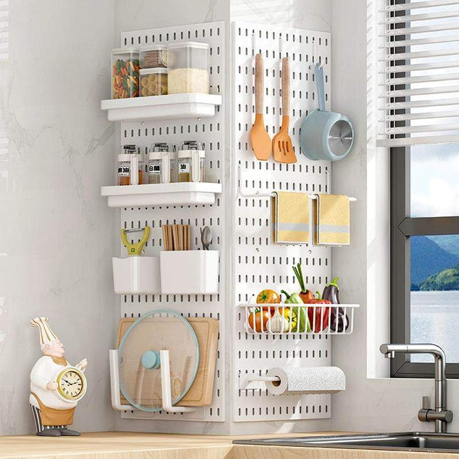 Wall-mounted storage rack with multiple hooks for home organization and space-saving