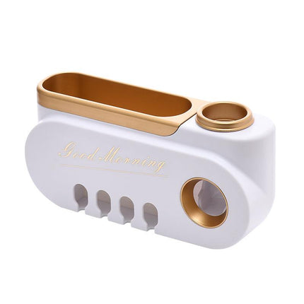 Creative ABS toothbrush holder with integrated toothpaste squeezer in platinum color on bathroom counter