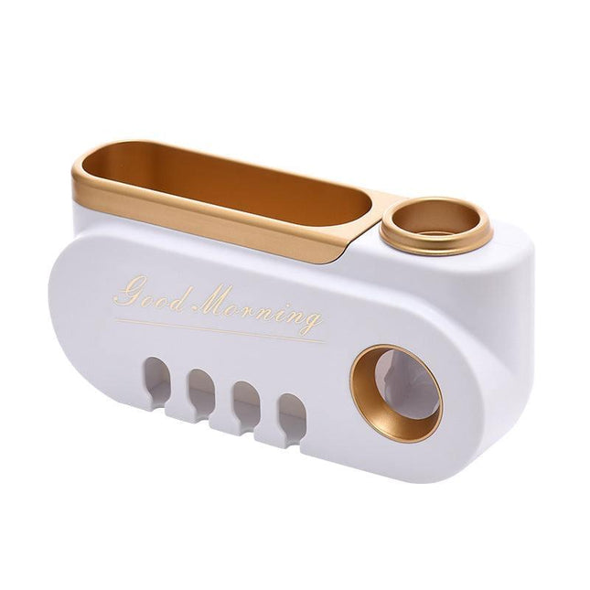 Creative ABS toothbrush holder with integrated toothpaste squeezer in platinum color on bathroom counter