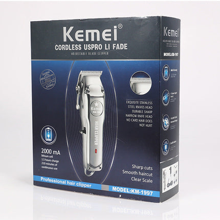 Rechargeable electric hair clipper with stainless steel blades and silver zinc alloy body for men