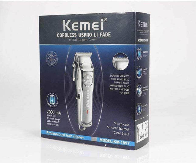 Kemei rechargeable electric hair clipper with stainless steel blades and zinc alloy body for men’s grooming