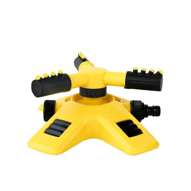 Yellow 360-degree automatic rotating three-fork sprinkler made of durable ABS plastic for efficient garden watering