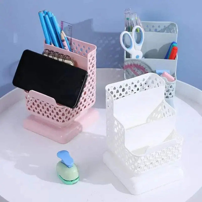 Three-layer plastic desk storage box holder in white, pink, and green for organizing small office and cosmetic essentials