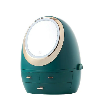 Egg shaped makeup storage box with built-in light and multiple compartments for organizing beauty essentials