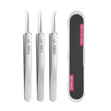 Stainless steel acne clip set with various extraction tools and plastic storage box for precise pimple removal
