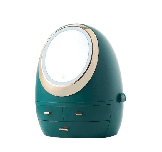 Egg shaped makeup storage box with built-in light and multi-compartment design for organizing beauty essentials