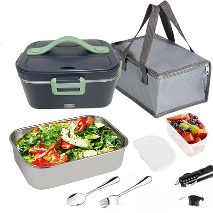 Portable electric lunch box plugged into a car outlet for heating meals without water injection