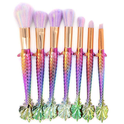 7-piece makeup brush set with yellow-green gradient handles and soft rayon bristles