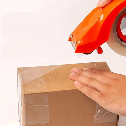 Heavy-duty tape dispenser with 10° sloped chromium blade in orange and yellow plastic for efficient packing and sealing