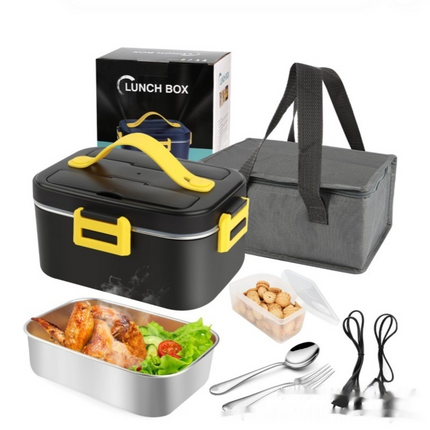 Portable electric lunch box heating food evenly without water injection, suitable for car and home use.