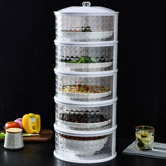 White multi-layer dust-proof food cover with heat insulation on a kitchen table