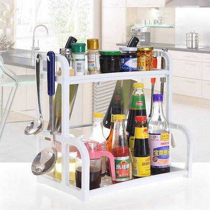 Plastic kitchen storage rack and spice rack in white and brown colors for organized kitchen shelves