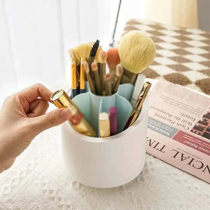 360° rotating makeup brush organizer and storage bin with multiple compartments for cosmetics and beauty tools