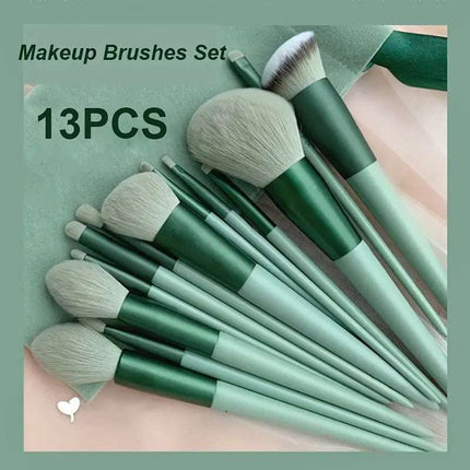 13-piece professional soft makeup brush set with colorful synthetic fibers and long handles in a stylish bag