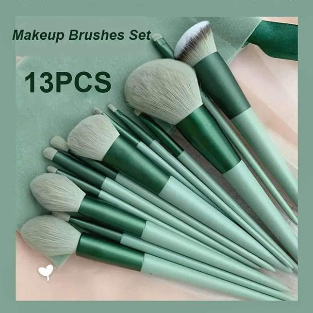 13-piece professional soft makeup brush set with colorful synthetic fibers and long handles in a stylish bag
