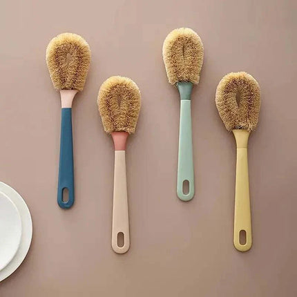 Eco-friendly coconut fiber long handled dish brush in green, blue, pink, and yellow colors