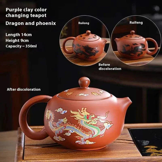 Color changing ceramic teapot with traditional Chinese design heating up with contact to water