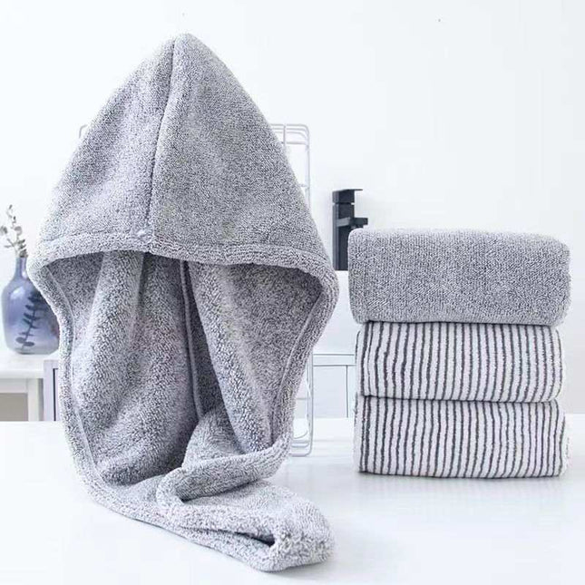 Gray bamboo charcoal bathing hat made of absorbent coral velvet fabric for quick hair drying