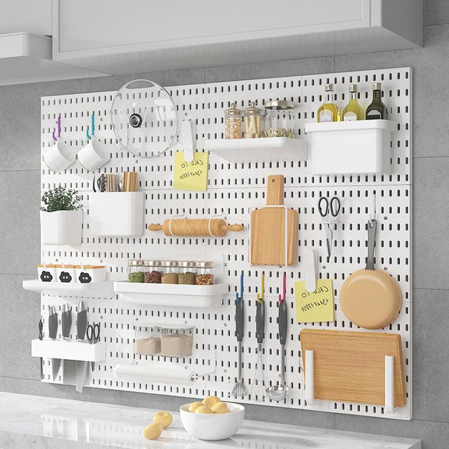 Wall-mounted storage rack with hooks for kitchen and bathroom organization on a non-punching household hole board