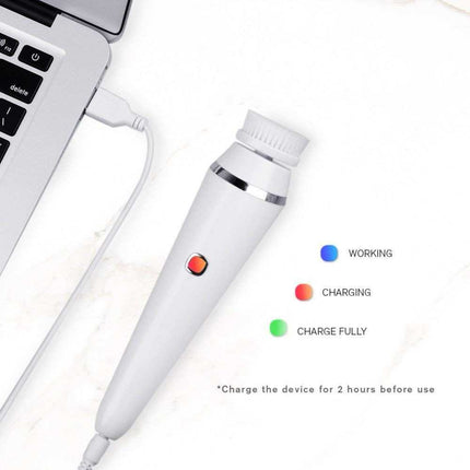 Multifunctional facial cleansing brush with three interchangeable heads and USB charging cable