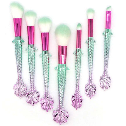 7-piece makeup brush set with yellow-green gradient handles and soft rayon bristles