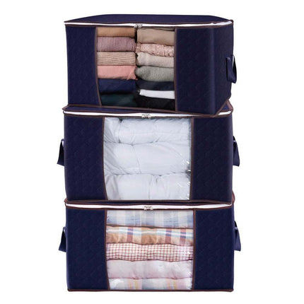 Dustproof storage bags for bedding and clothes in grey, dark blue, and beige white colors