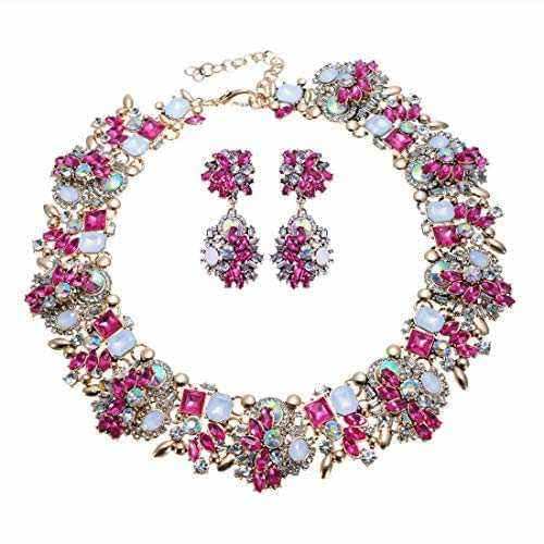 Vintage crystal rhinestone choker necklace and earrings set for women in rose gold tone