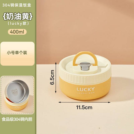 Variety of colorful stainless steel insulated lunch boxes with round shapes and leak-proof lids for students and professionals
