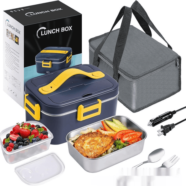 Portable electric lunch box plugged into a car outlet for heating food without water injection.