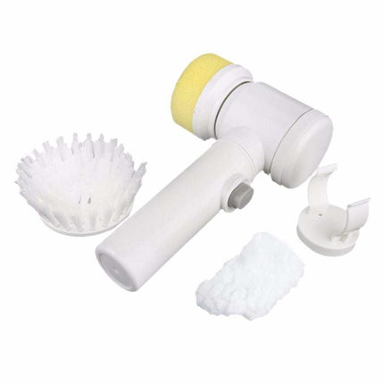 Electric cleaning brush with three interchangeable stiff bristle heads, cordless handheld design for bathtub and home use cleaning tasks.