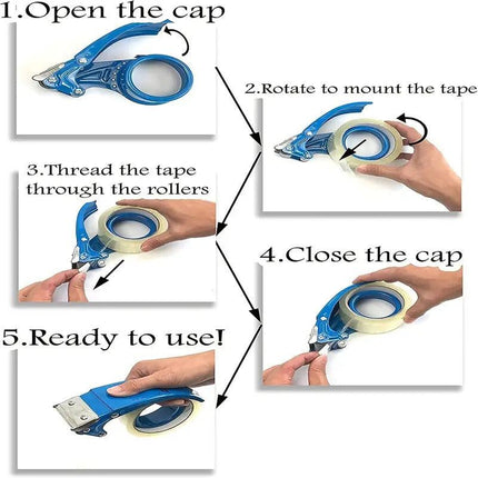 Heavy-duty tape dispenser with 10° sloped chromium blade in orange and yellow plastic for efficient packing and sealing