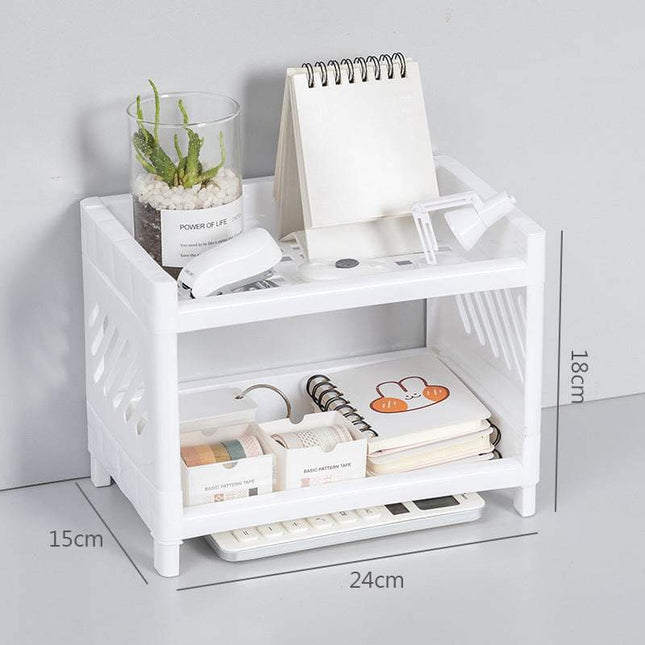 Double-layer plastic mini storage rack in white, organizing office and dorm desk accessories