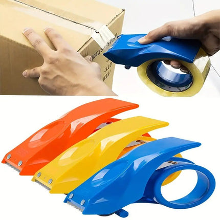 Heavy-duty tape dispenser with 10° sloped chromium blades in orange and yellow plastic for efficient packing and sealing