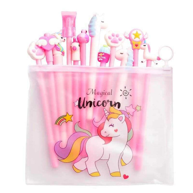 Set of cute cartoon gel pens in pink and pastel colors for students