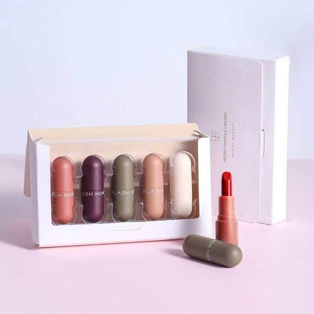 Compact mini capsule lipstick with velvet matte texture and lightweight, long-lasting moisture in multiple shades