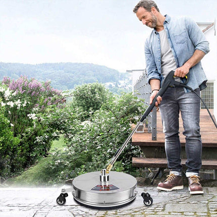 High Pressure Stainless Steel 3-wheel floor cleaner with extended pole and heavy-duty brass gun head for efficient high-pressure cleaning