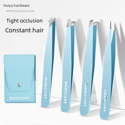 Colorful stainless steel tweezers set in leather case for beauty and grooming