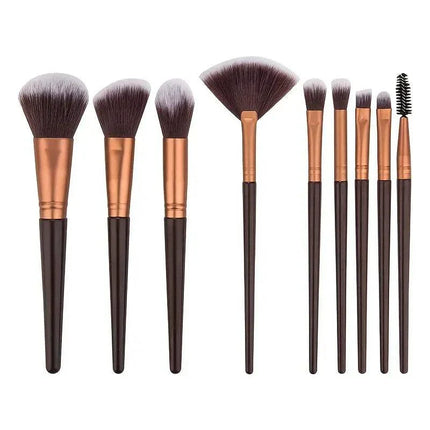Premium 9-piece synthetic makeup brush set with fiber bristles and durable ABS handles in coffee and apricot colors