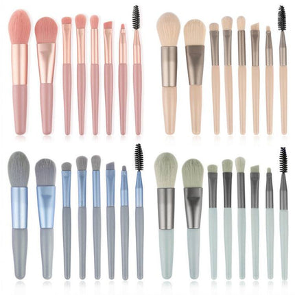 8-piece makeup brush set with colorful nylon bristles and plastic handles for precise makeup application