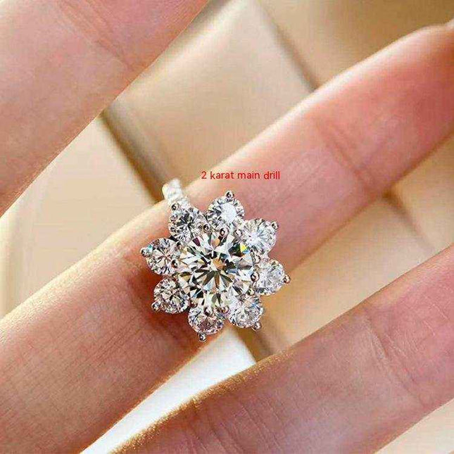 2 Karat High Carbon Diamond Sunflower Sterling Silver Ring with intricate floral design and brilliant gemstone centerpiece