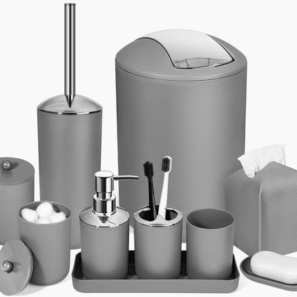 Grey Bathroom Accessories Set including trash can, soap dispenser, toothbrush holder, soap dish, cotton ball and qtip holders, toilet brush, and tissue box cover