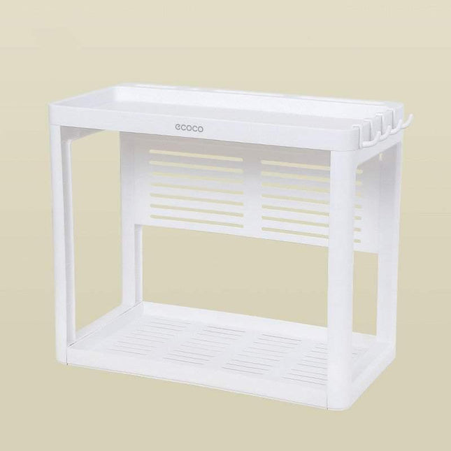 2-Tier kitchen storage rack with durable plastic construction holding utensils and spices on two levels