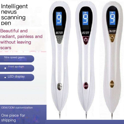 LCD Screen 9-Speed Beauty Device Home Spot Removal Pen with light and sound technology in purple, silver, and gold colors