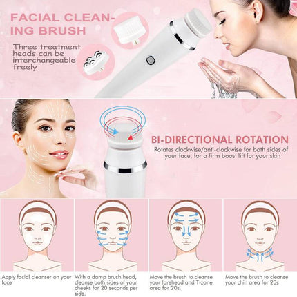 Multifunctional facial cleansing brush with three interchangeable heads and USB charging cable for deep skin cleansing and massage